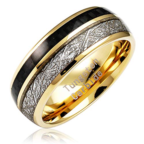 100S JEWELRY Engraved Personalized Carbon Fiber Meteorite Inlaid Tungsten Rings for Men Women Gold Wedding Band Sizes 6-16 (Custom Text Engraving, 10)