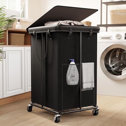Image of 40 Gal Large Laundry Hamper with Lid, Rolling Laundry Basket with Wheels, Oxford Fabric Dirty Clothes Hampers with Removable Laundry Bag & Metal Frame for Bedroom, Laundry Room, Bathroom, Dorm(Black)
