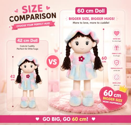 Image of Soft Hat Doll for Kids 60 CM Cute Plush Rag Doll with Braided Hair and Cap, Washable Stuffed Toy for Girls
