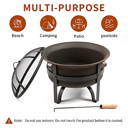 Wostore Wood Burning Fire Pits for Outside 23.5 Inch Portable Bronze Cauldron Camping Bonfire Patio Backyard Fireplace with Spark Screen and Poker