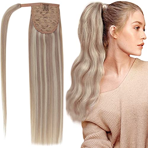 Wrapy Around Ponytail Human Hair Real Hair Ponytail Extension Ash Blonde Highlighted with Blonde Clip in Pony Tail Hair Extensions 12inch 70g