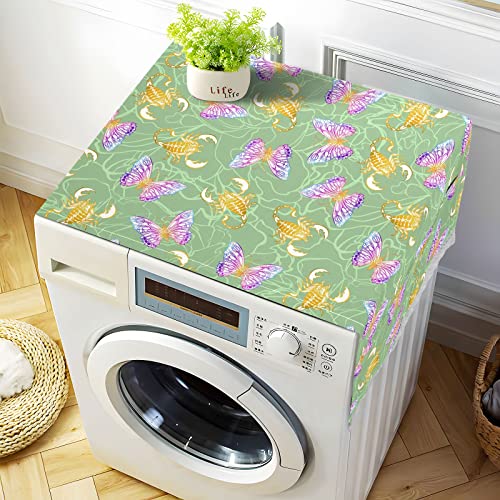 Butterflies and Scorpions Washer Dryer Cover, Washing Machine Refrigerator Dustproof Protective Covers with Lace Storage Pockets for Top Load Machine, 51.2 x 22 inches