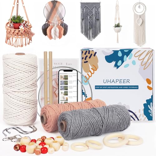 UHAPEER DIY Makramee Kit, 656 Feet Makramee Cord Kit für Anfänger Erwachsene mit Anleitung Wandbehang Pflanzenhänger Kit für Home Room Decor, natürliche Baumwolle, Holzringe, Holzstäbchen