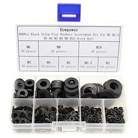 Eowpower 500Pcs Black Nylon Flat Washers Assortment Kit for M2 M2.5 M3 M4 M5 M6 M8 M10 Screw Bolt Cover