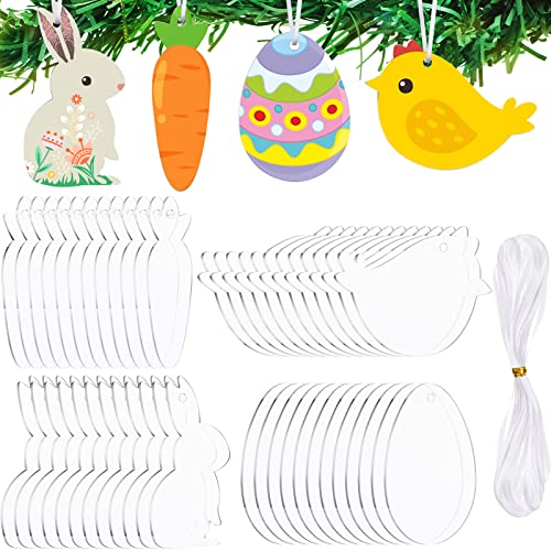 Ornamento acrílico de Pascua de 48 piezas adornos de acrílico en blanco colgantes adornos de árbol adornos de acrílico transparente conejito huevo zanahoria para Pascua DIY Craft Cover