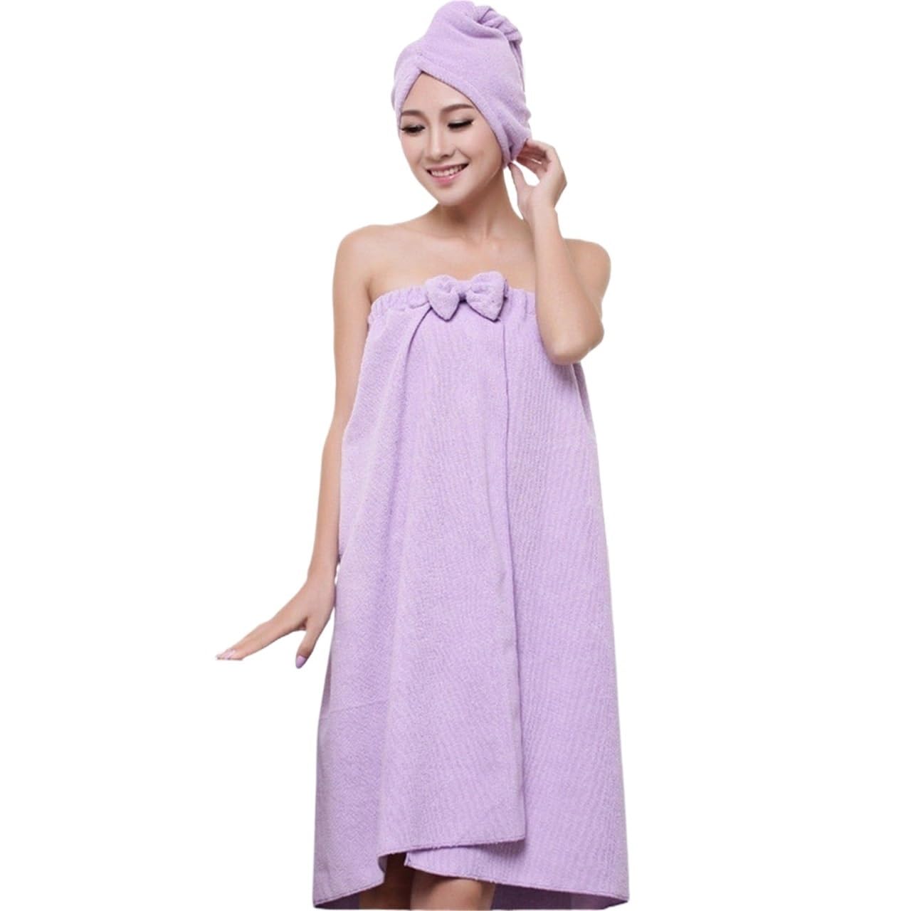 Handtuchkleid 140 x 80 cm Damen-Badetuch, Mikrofaserstoff, weicher Wickelrock, trockenes Haar, Kappen-Set for Badezimmer