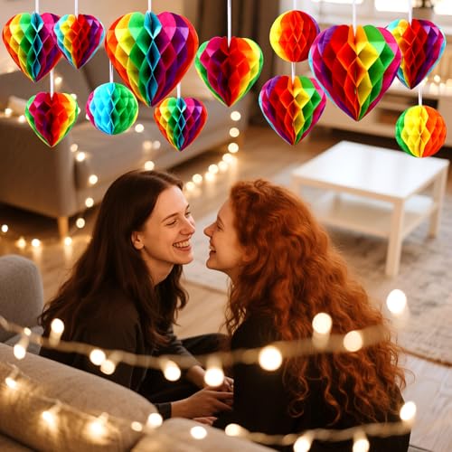 Image of BOARDFEB 12 Pcs Rainbow Pride Heart Round Paper Honeycomb Balls Pride Decorations, Heart Sshaped Honeycomb Ball Pendant Suitable for LGBT Parade Parties Celebrations Birthday Wedding Decorations