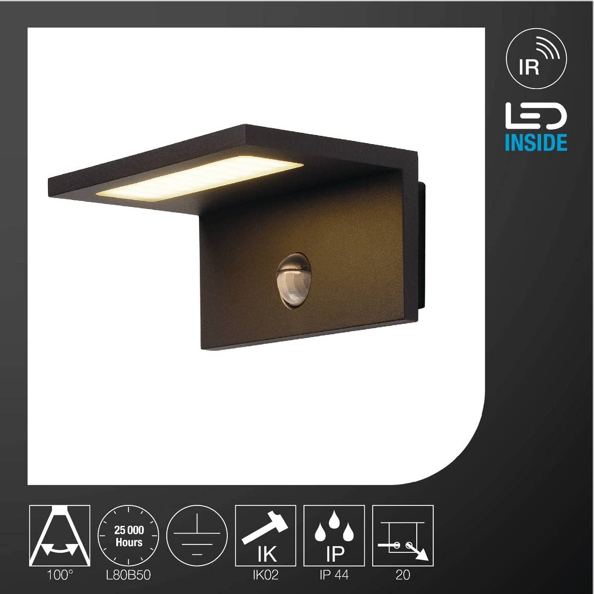 SLV Applique murale ANGOLUX SENSOR WL/éclairage pour murs, chemins, entrées, spot LED extérieur, lampe de jardin / IP44 3000 K 9,8 W 560 lm Anthracite