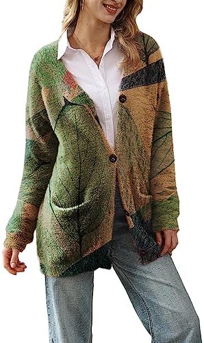 YESNO Cardigan Sweaters for Women Open Front Sweater Graphic V Neck Long Sleeve Button Down Loose Outwear Knit Tops with Cute Pockets L S01TYP3 CR105