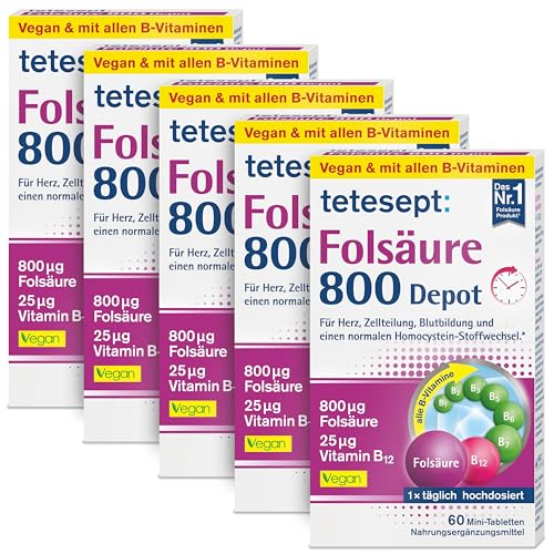 tetesept Folsäure 800 Depot – 5 x 60 Minitabletten – Nahrungsergänzungsmittel mit Depot-Technologie - inklusive aller B-Vitamine für eine Rundumversorgung - Vegan