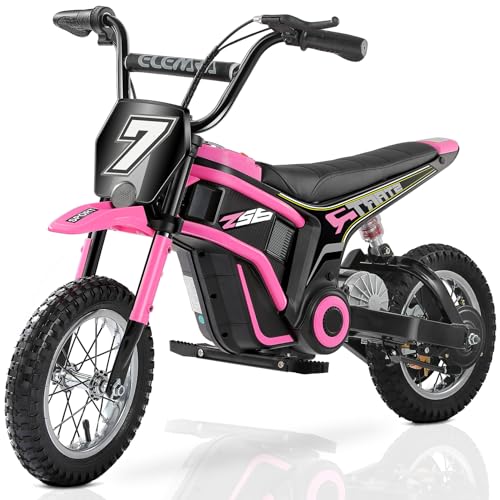 ELEMARA Electric Motorcycle for Kids, Dirt Bike Electric with Music & Bluetooth,350W Chain-Driven Motor,15.5 mph & 150lb Max,Twist-Grip Throttle & Hand-Operated Rear Brake,12