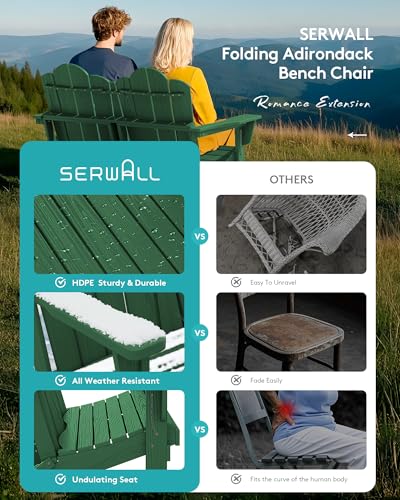 Image of SERWALL Folding Adirondack Bench, HDPE All-Weather Adirondack Loveseat, 660 lbs Capacity, Foldable Outdoor Patio Bench for Deck, Lawn, Garden, Green