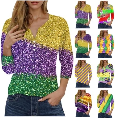 Mardi Gras Shirts for Women 3/4 Sleeve V Neck Button Henley Tops Carnival Outfits Costumes Glitter Color Block Tees