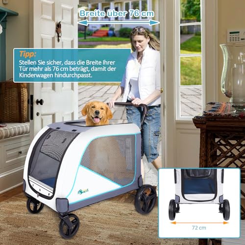 Ownpets Extra großer Hundebuggy für mittelgroße und große Hunde bis 70kg, mit Aufbewahrungstasche, verstellbarem Griff, atmungsaktives Netz, faltbar, 4 Gummi-Räder