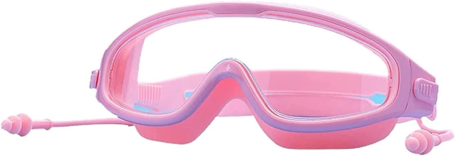 Antibeschlag-Schwimmbrille mit großem Rahmen und Ohrstöpsel, wasserdichte Ausrüstung für Taucherbrillen für Kinder (Pink)