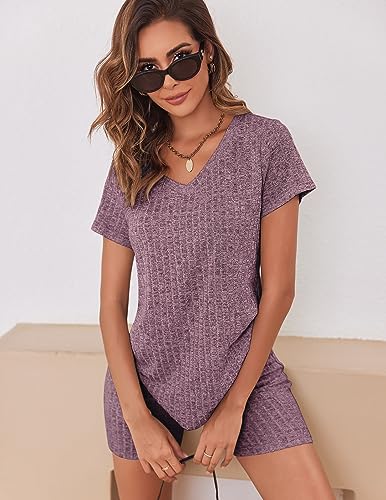 Ekouaer Biker Short Sets Women 2 Piece Outfits Ribbed Pajama Short Sleeve Workout Set - Image 5