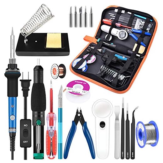 Soldering Iron Kit Electronics, 21-in-1, 60W Adjustable Temperature Soldering Iron, 5pcs Soldering Iron Tips, Soldering Iron Stand, Desoldering Pump, Magnifier, Solder Wire, Tweezer, PU Carry Bag