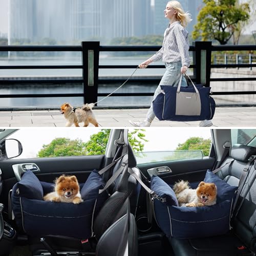 Lesure Hundesitz Auto kleine Hunde - wasserdichter und waschbarer Hunde Autositz mit Aufbewahrungstaschen, ansteckbarer Sicherheitsleine und verdickter Memory-Schaum-Füllung, 58x56x33cm, Navyblau
