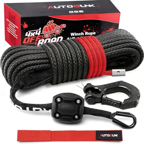 Autodunk Synthetic Winch Rope - 1/4' x 50ft 10,000LBS Winch Line with Protective Sleeve, Forged Winch Hook and Rubber Stopper, Synthetic Winch Cable for 4WD ATV UTV Offroad Vehicles, Black