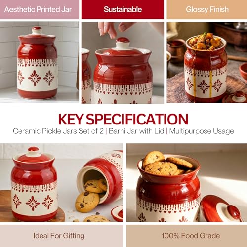 Image of Orange Jhalar Ceramic Handglazed Pickle Jars Set of 2-1000 ML Each | 1 kg Achaar Martban Barni Jar with Lid | Ceramic Storage Jar Container Pickle /Achar, Chatney