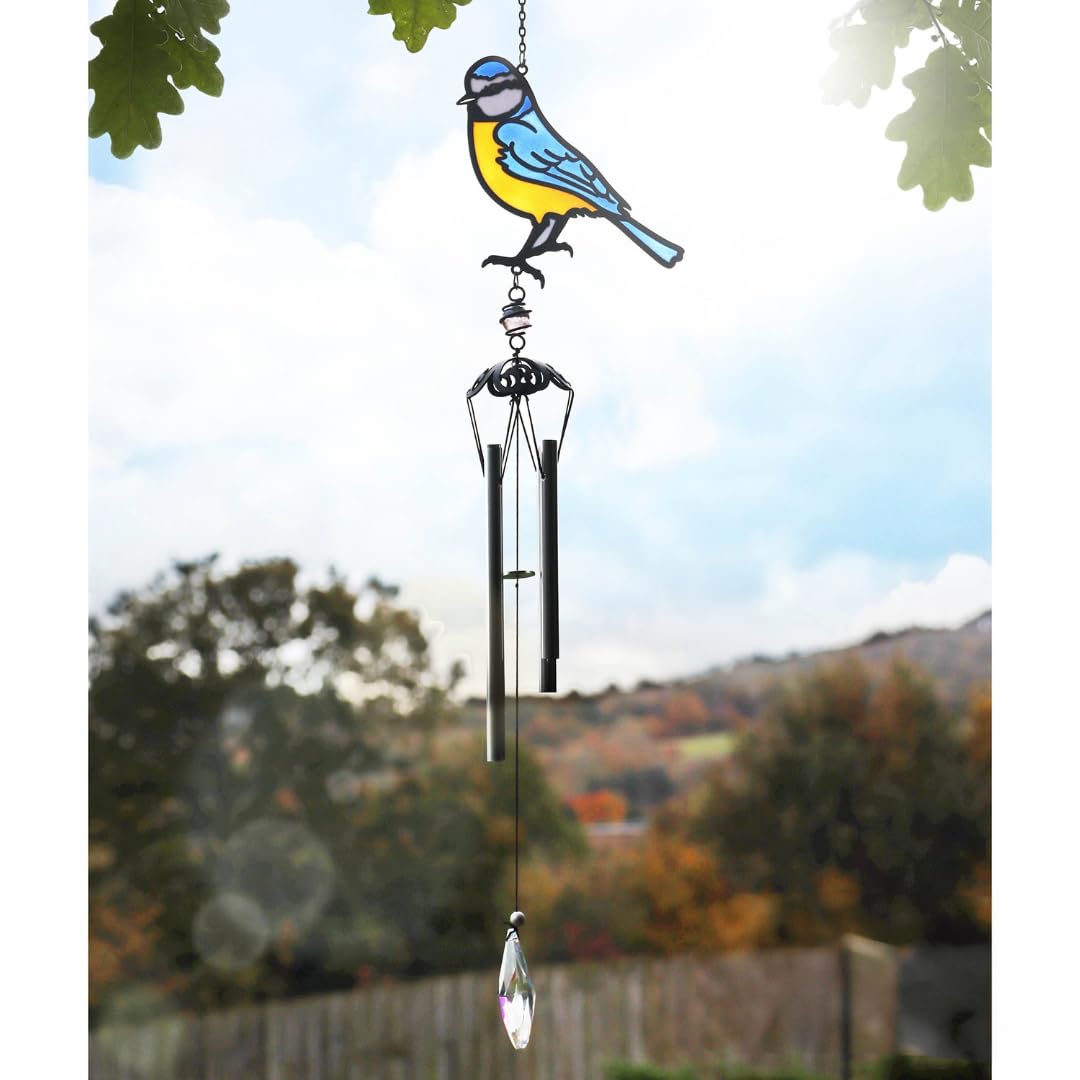 Stained Glass Effect Blue Tit Wind Chime - Bird Chime with Crystal dropper - Wall Melody Music Decor Garden Ornament - Gifts for Mum