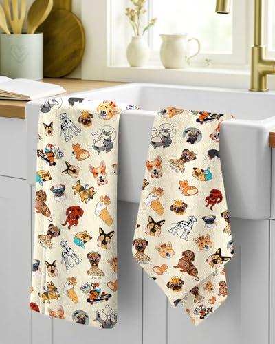 Image of Miss Adola 150GSM Flour Sack Kitchen Towels Set of 2, Dog Lovers | 18 inchx26 inch, Lightweight, Lint-Free, Pure Cotton, Decorative, with Hanging Loop, Absorbent, Softer after Wash, Giftable Package