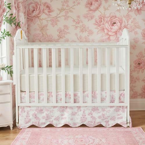 Image of Brandream Scallop Edge Cotton Crib Skirt, Baby Girl, French Country Pink Toile Crib Skirt Toddler Bedskirt Farmhouse Chic Nursery Crib Bed Skirt, Boho Bohemian Vintage Floral Print