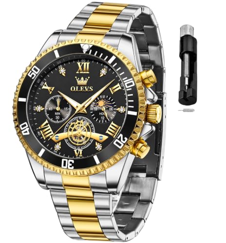 Image of OLEVS Mens Watches Chronograph Luxury Dress Moon Phase Two Tone Stainless Steel Waterproof Luminous Business Calendar Wrist Watch