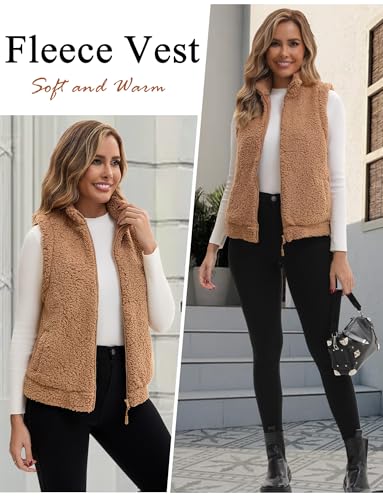 FEOYA Women Sherpa Fleece Zip Up Vest Fall Winter Warm Waistcoat Stand Collar Sleeveless Jacket S-XXL4