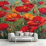 Générique Papier Peint Intissé Coquelicot Rouge, Papier Peint Panoramique Fleur Peinte à l'huile pour Salon Chambre Bureau Couloir, Décoration Murale, 300 x 250 cm (L x H) Y&W65
