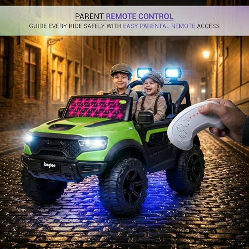 Image of Baybee 4x4 TurboX Pro Electric Car for Kids with Remote Control | Baby Electric Rideon Cars with Swing Mode, RGB Lights & Music | Rechargeable Battery Operated Jeep for Kids 2+ Years (Metallic Green)