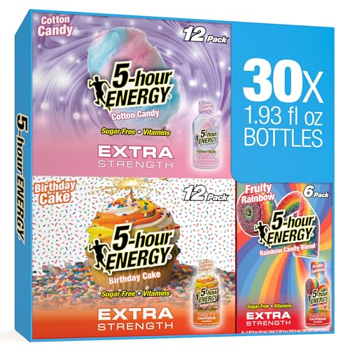 5-hour ENERGY VARIETY PACK Cotton Candy Birthday Cake & Fruity Rainbow Flavors 30 Count 1.93 Fl Oz Energy Shot Extra Strength Amino Acids B Vitamins Sugar Free and Zero Calories