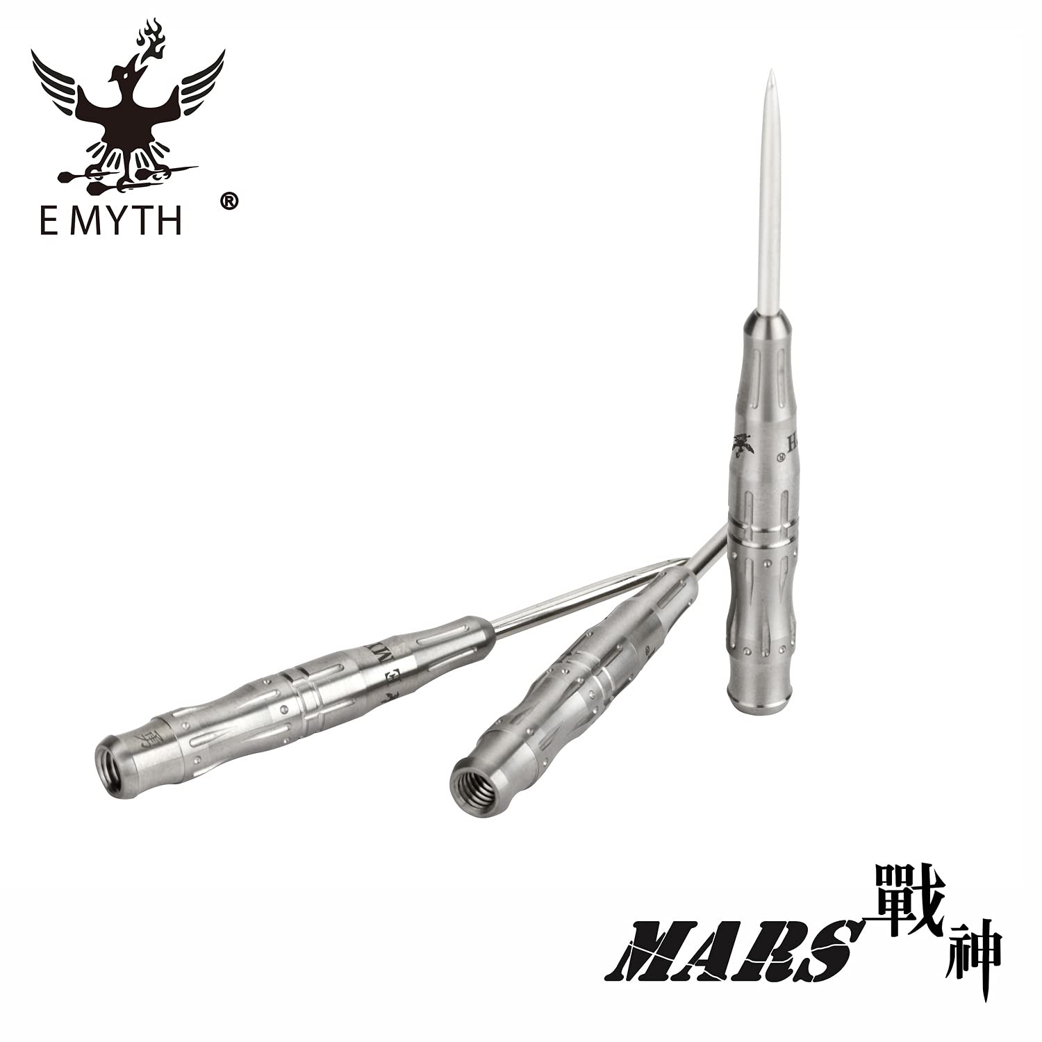 EMYTH Mars - Set di freccette con punta in acciaio al 90% al tungsteno, 21 g, 7,4 mm x 47 mm, corpo segmentato 3D fresato opaco antiscivolo, accessori completi per tornei e giochi domestici