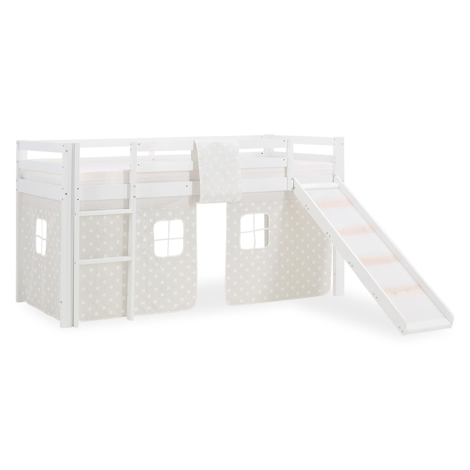 Homestyle4u 1884, Loft Bed White 90x200 Children avec échelle coulissante Rideau étoilé, Bois