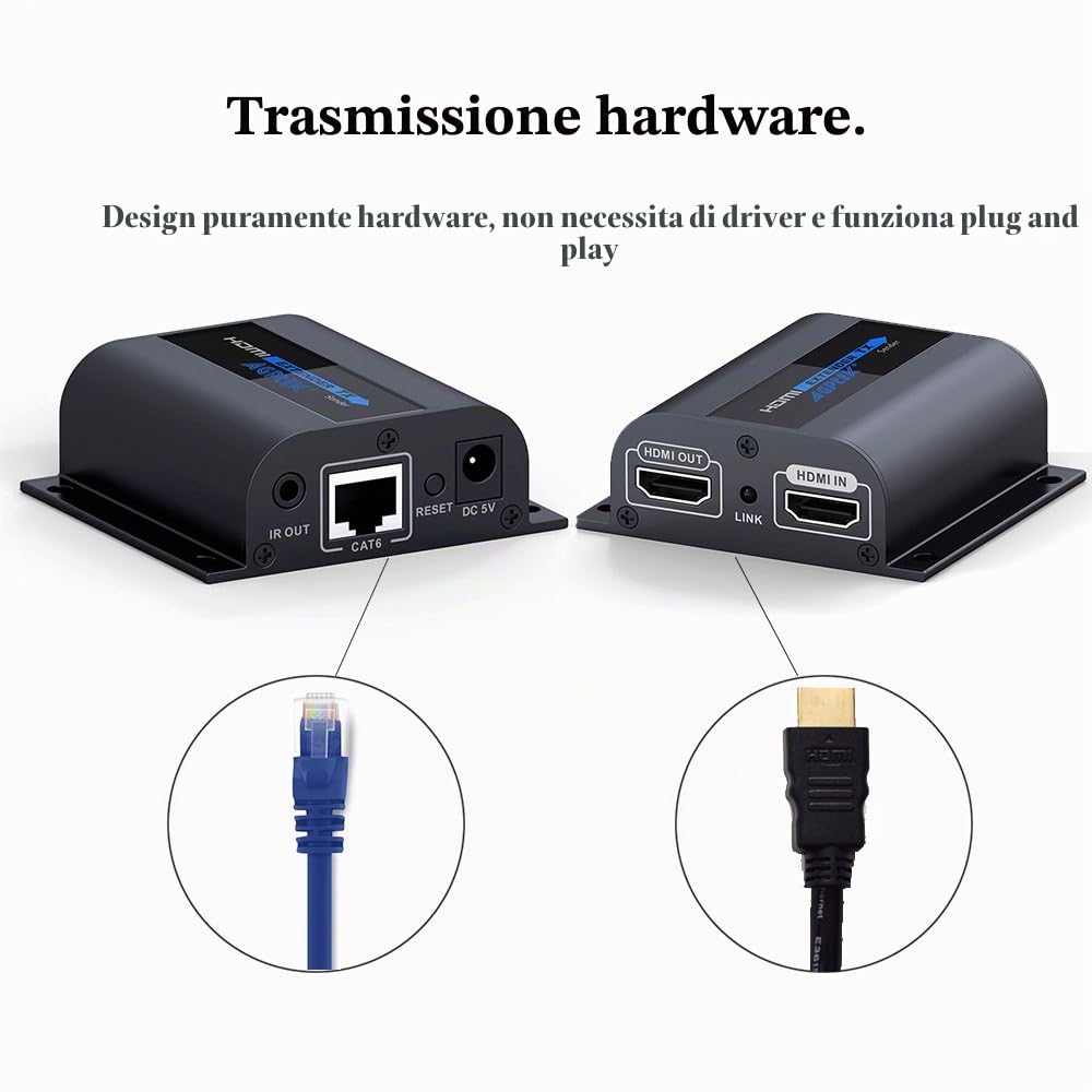 AGPTEK Estensore HDMI, 1080P 60m su singolo cavo Ethernet Cat6/6a/7/8 | Extender HDMI, con visualizzare il locale Loop-Out con blaster IR e cavi di ricezione (LKV372pro)