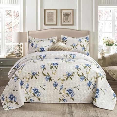 Kindred Home Botanical Quilt Sets King Size - Soft Microfiber Lightweight White Bedspread, Floral Cymbidium Pattern Bedding Bed Coverlet 3 Pieces Cover