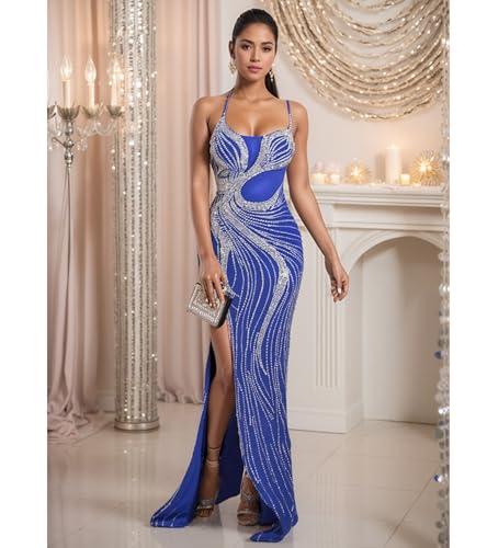 Image of Jigfar Women Sexy Elegant Rhinestone Mesh See Through Party Club Night Split Bodycon Formal Maxi Dress