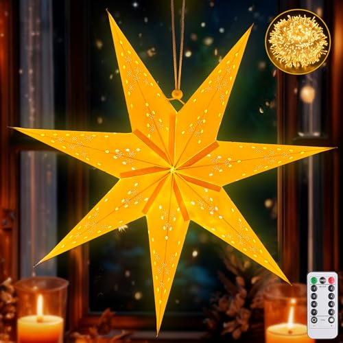 Stella di carta a LED da 55 cm, illuminata da appendere, 3D, per finestre, Natale, dell'Avvento, con luce bianca calda, stelle luminose 3D, stelle di carta bianca