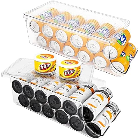 SCAVATA Standard & Skinny Can Organizer for Refrigerator, Stackable Soda Pop Can Holder Dispenser with Lid for Fridge Pantry Rack Freezer, Clear Plastic Storage Bins-Holds 12 Cans Each (Clear) Cover