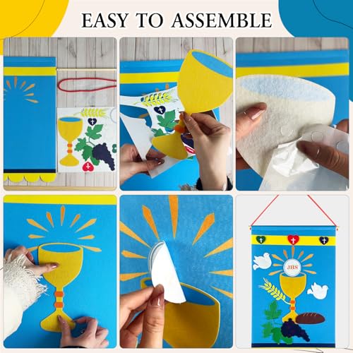 LAIAMER 4 Sets First Communion Banner Kit for Boys Girls DIY First Holy Communion Banner Kits Catholic Church and Sunday School Crafts Supplies for Kids First Communion Felt Decor Set