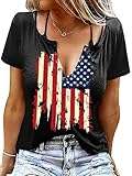 4th of July Shirts for Women Sexy V-Neck American Flag T-Shirt with Ring Hole Short Sleeve Patriotic Tops Summer Fashion