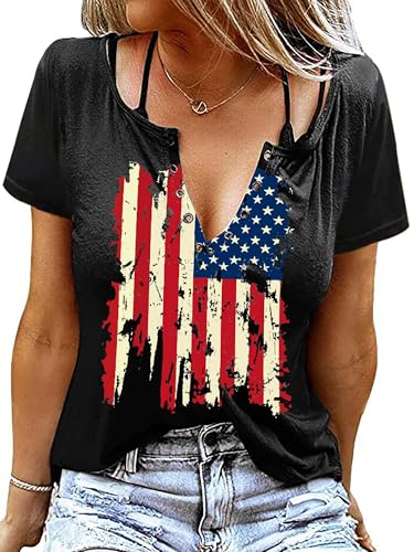 4th of July Shirts for Women Sexy V-Neck American Flag T-Shirt with Ring Hole Short Sleeve Patriotic Tops Summer Fashion