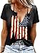 4th of July Shirts for Women Sexy V-Neck American Flag T-Shirt with Ring Hole Short Sleeve Patriotic Tops Summer Fashion