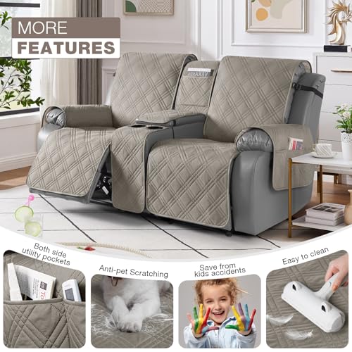 Image of TAOCOCO Loveseat Recliner Cover with Center Console, 100% Waterproof Pet Covers for Dual Recliner with Straps Design, Split Reclining Loveseat Cover Furniture Pet&Kid Protector (2 Seater, Light Brown)