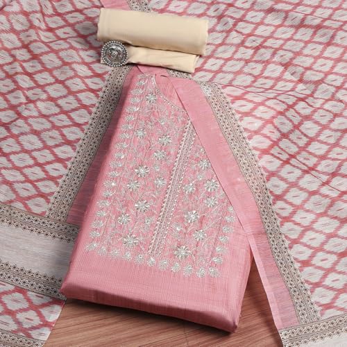 Image of BIBA Women Beige Cotton Machine Embroidered Unstitched Suit Set