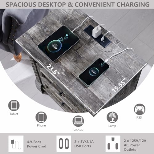 Image of 26 inch Tall 2 Drawers Dresser for Bedroom, Farmhouse 23.6 inch Wide Large Nightstand with Charging Station, Wood Rustic Side Table w /Roman Column, End Table for Bedroom, Living Room, Light Grey