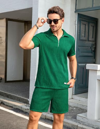 Image of ZAFUL Men's 2 Pieces Sets Outfits Summer Beach Set Short Sleeve Button Down Zip Up Shirt And Short Sets