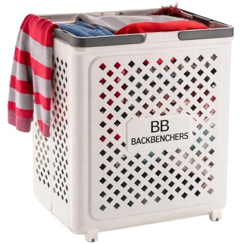 Image of Laundry Bag, Large Laundry Basket, Durable Plastic Storage Basket with Ventilated Diamond Design With Wheel At Bottom, Grey Rim Bathroom & Bedroom Organizer, 45L (PACK OF 1)