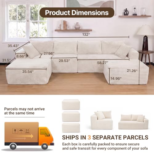 Image of Claiks 132 inch Boneless Couch, U-Shape Corduroy Sectional Sofa, Beige