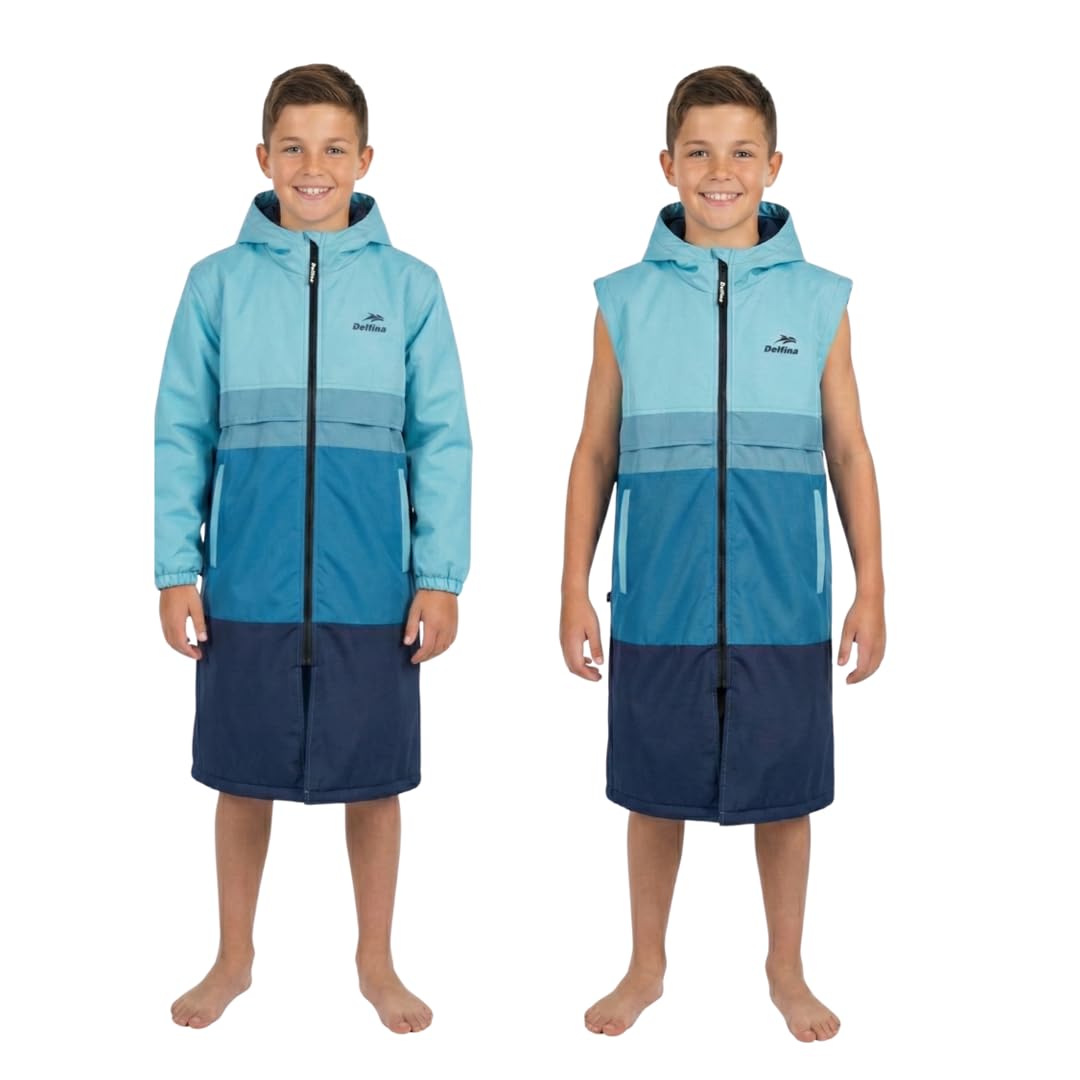 Delfina Kids Swim Parka Age 4–8 & 9–14 Years, Removable Sleeves Unisex Youth Swim Jacket, Water Resistant, Hood Double Zipper
